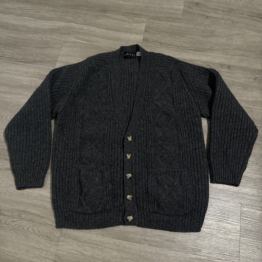 CONTEXT 100% Shetland Wool Cardigan Sweater L Gray Fisherman Cable Knit